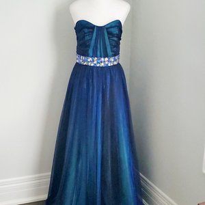 Designer Cobalt Blue Strapless Gown Dress Shimmer Sheer Overlay Faux Stones Cute